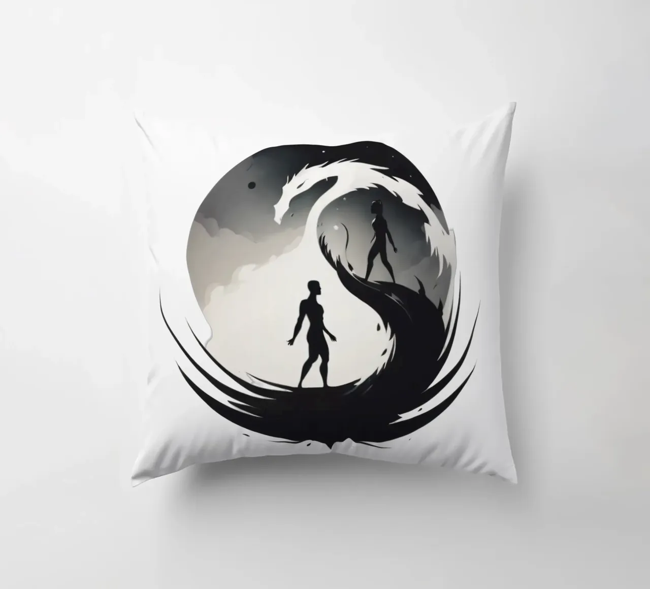 a symbolic journey between two figures and a dragon cuscino da DesignDoodle