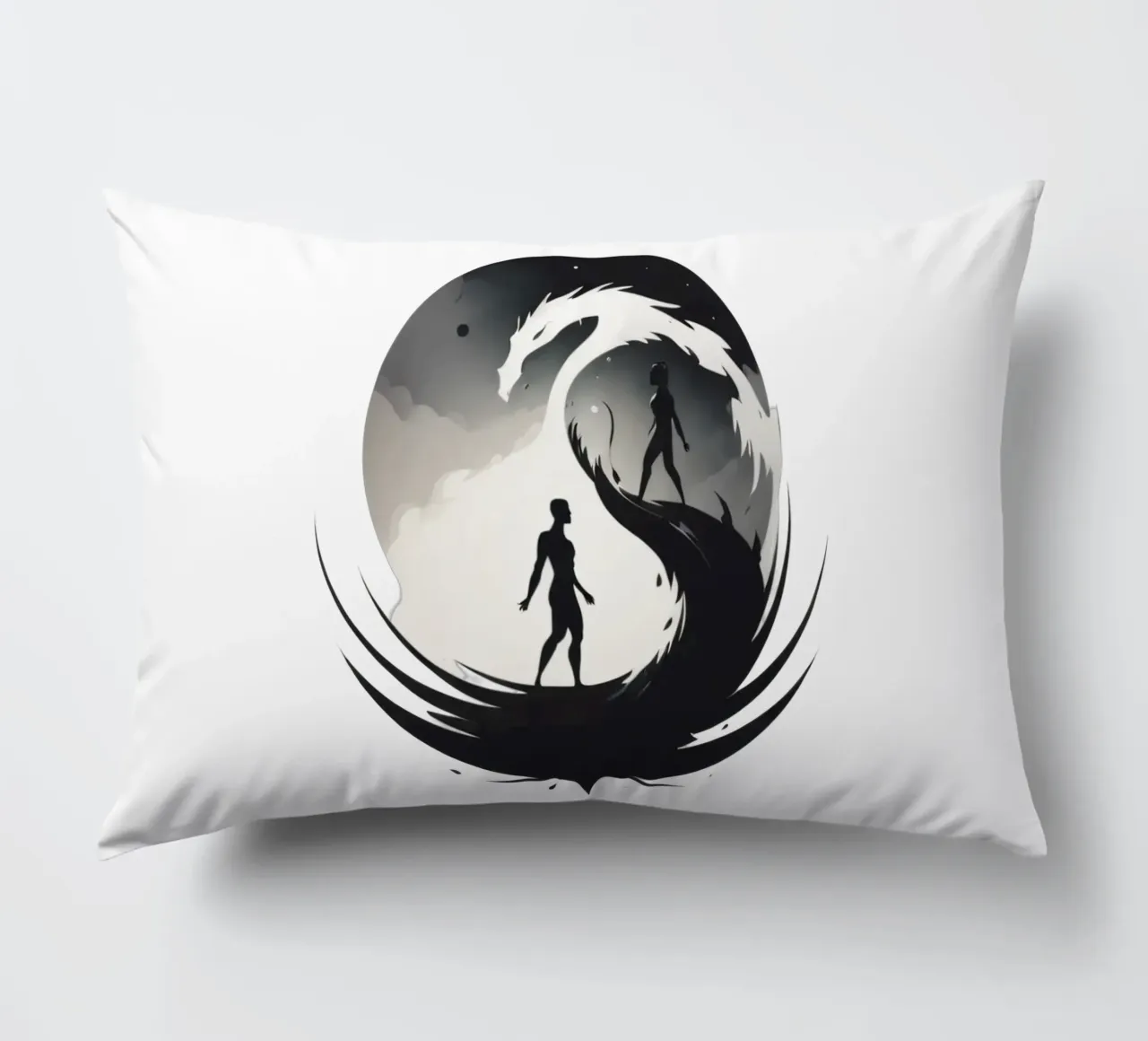 a symbolic journey between two figures and a dragon cuscino da DesignDoodle