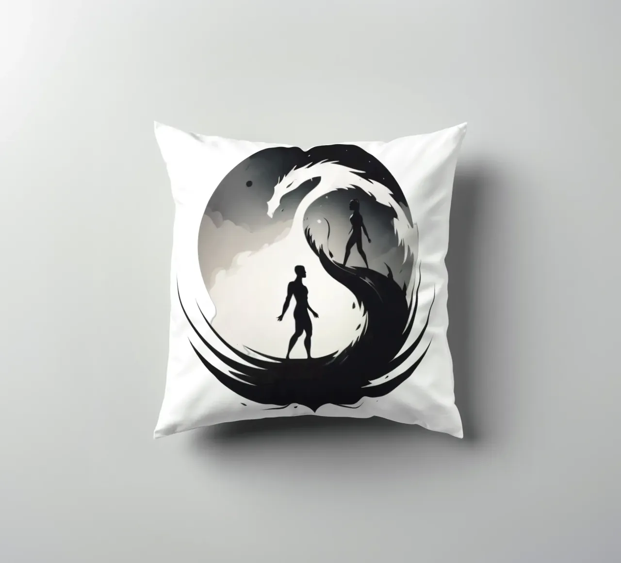 a symbolic journey between two figures and a dragon cuscino da DesignDoodle