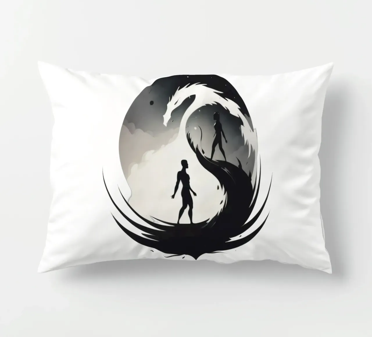 a symbolic journey between two figures and a dragon cuscino da DesignDoodle