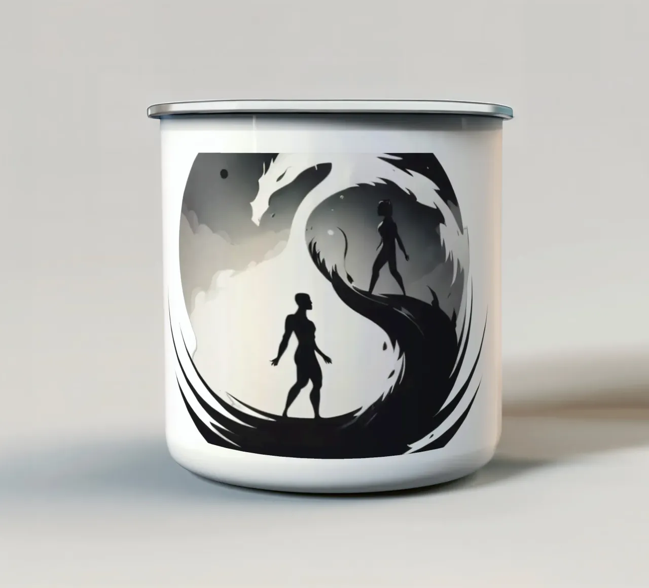a symbolic journey between two figures and a dragon tazza in smalto da DesignDoodle