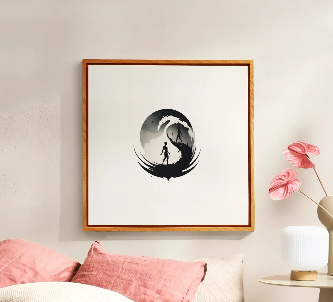 a symbolic journey between two figures and a dragon plexiglass da DesignDoodle