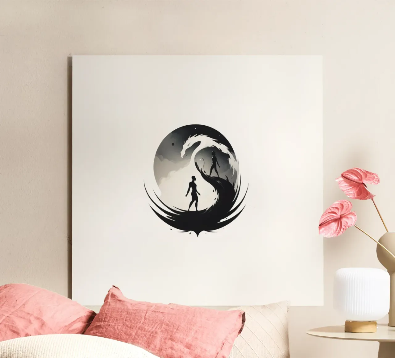a symbolic journey between two figures and a dragon alluminio dibond da DesignDoodle