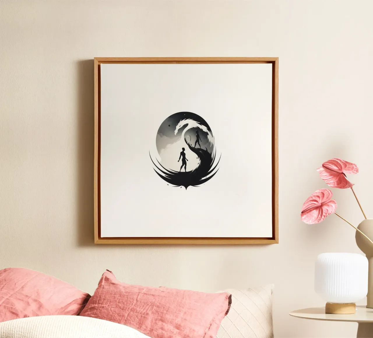 a symbolic journey between two figures and a dragon tela da DesignDoodle