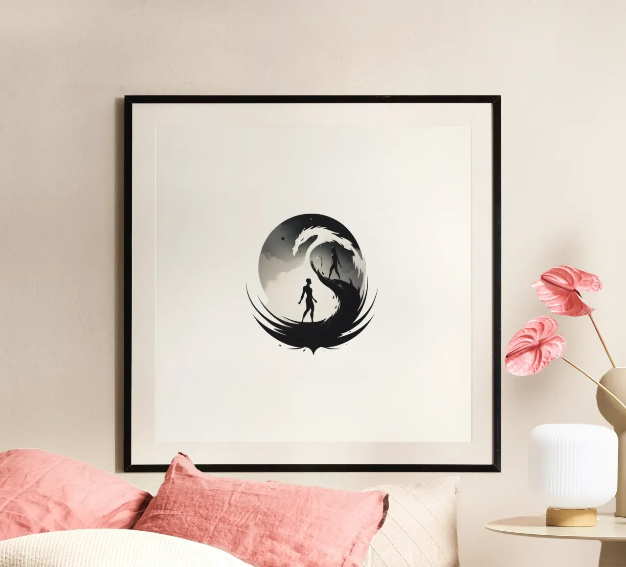 a symbolic journey between two figures and a dragon poster con telaio in alluminio da DesignDoodle
