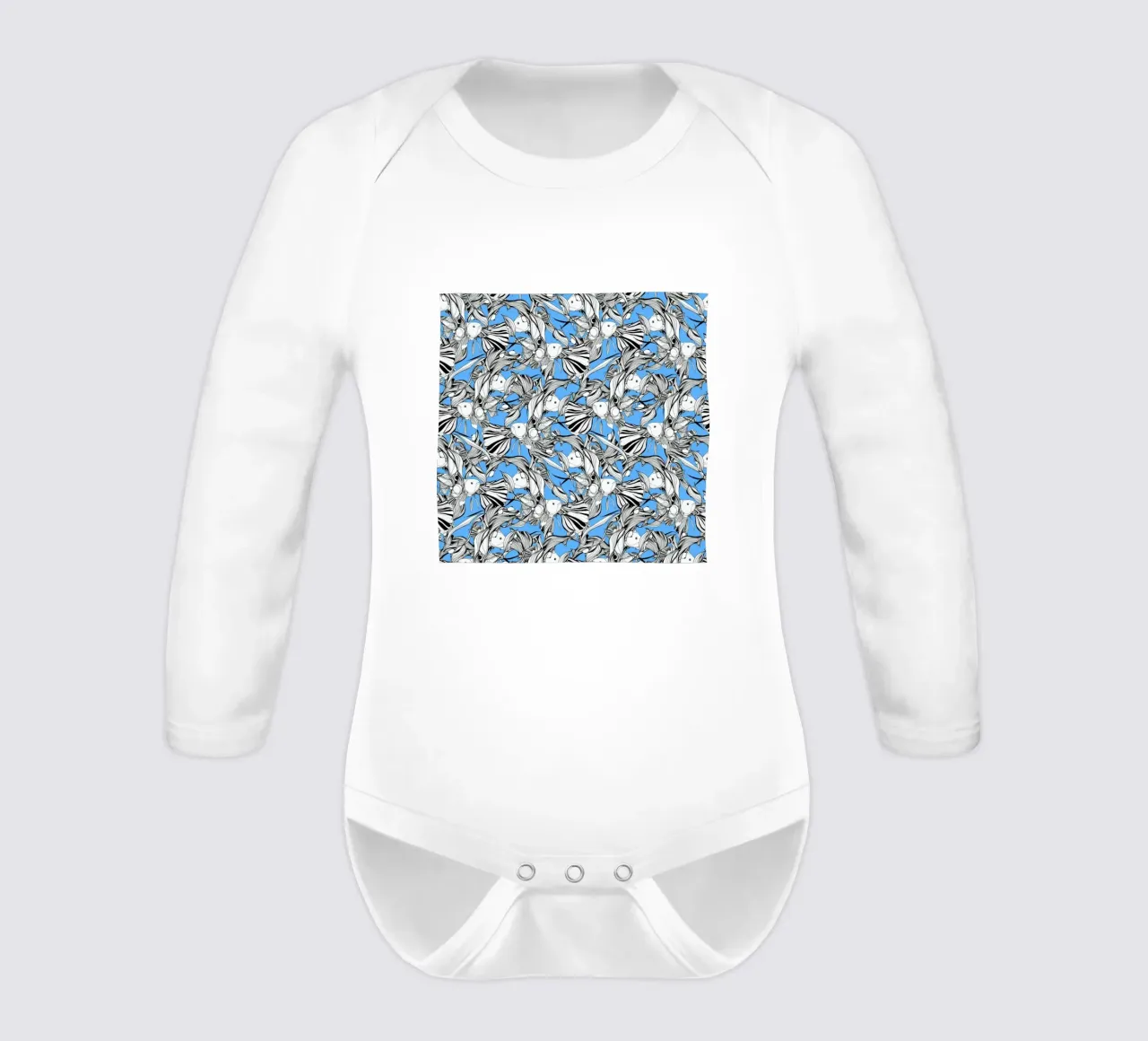 Birds And Fish Blue long-sleeve baby romper by Giulio Iurissevich