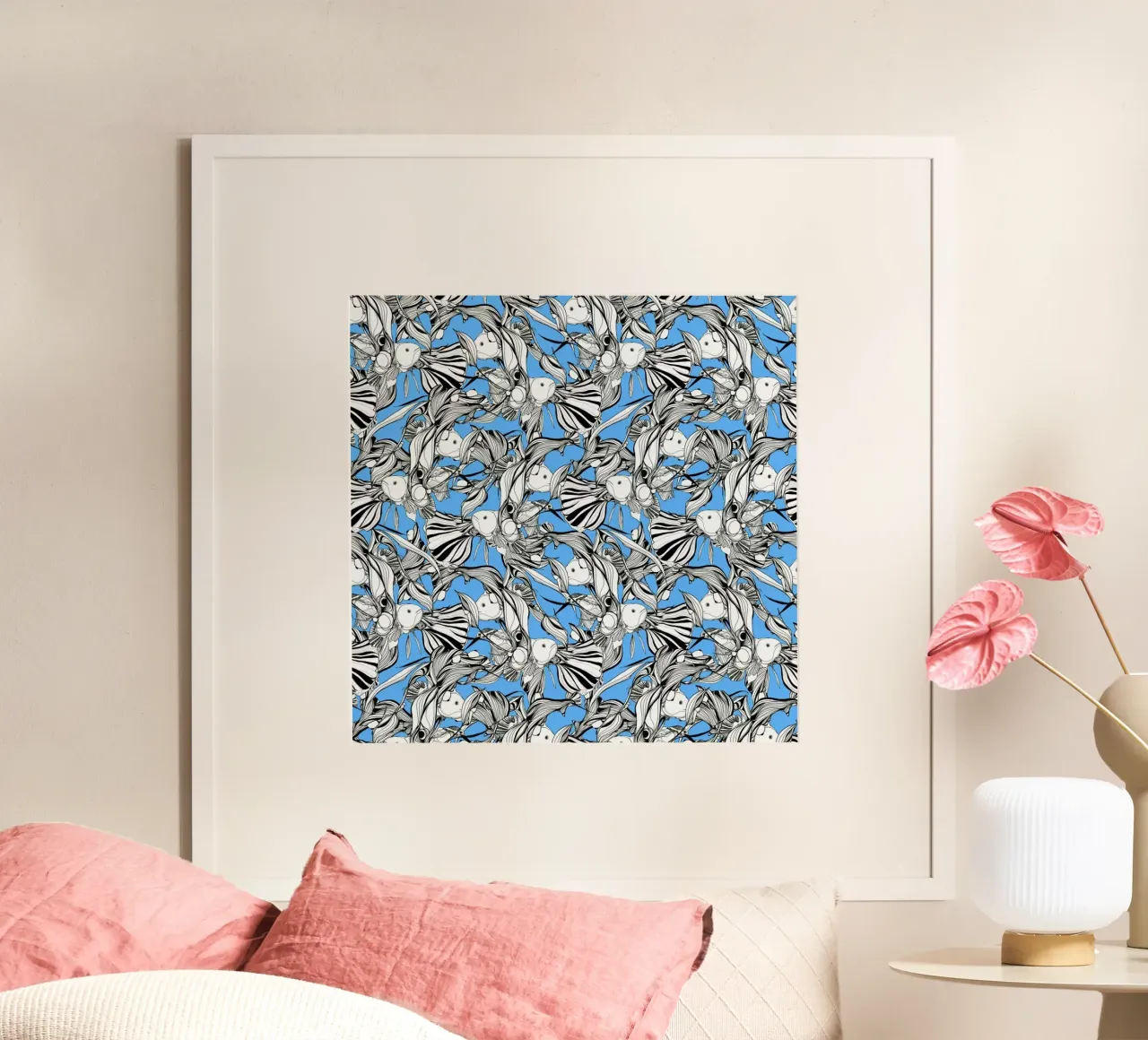 Birds And Fish Blue poster avec cadre en aluminium de Giulio Iurissevich