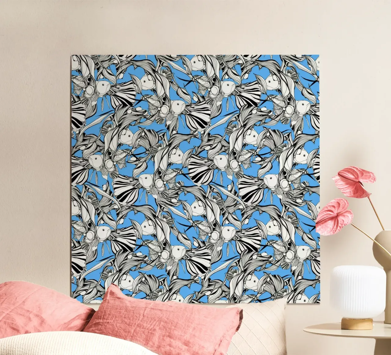 Birds And Fish Blue poster avec cadre en aluminium de Giulio Iurissevich