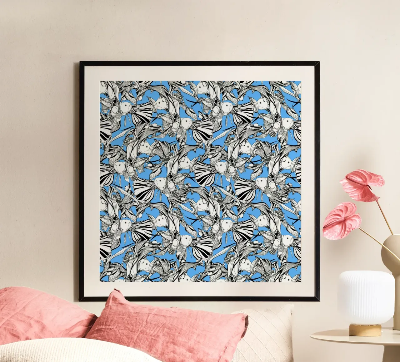 Birds And Fish Blue poster avec cadre en aluminium de Giulio Iurissevich