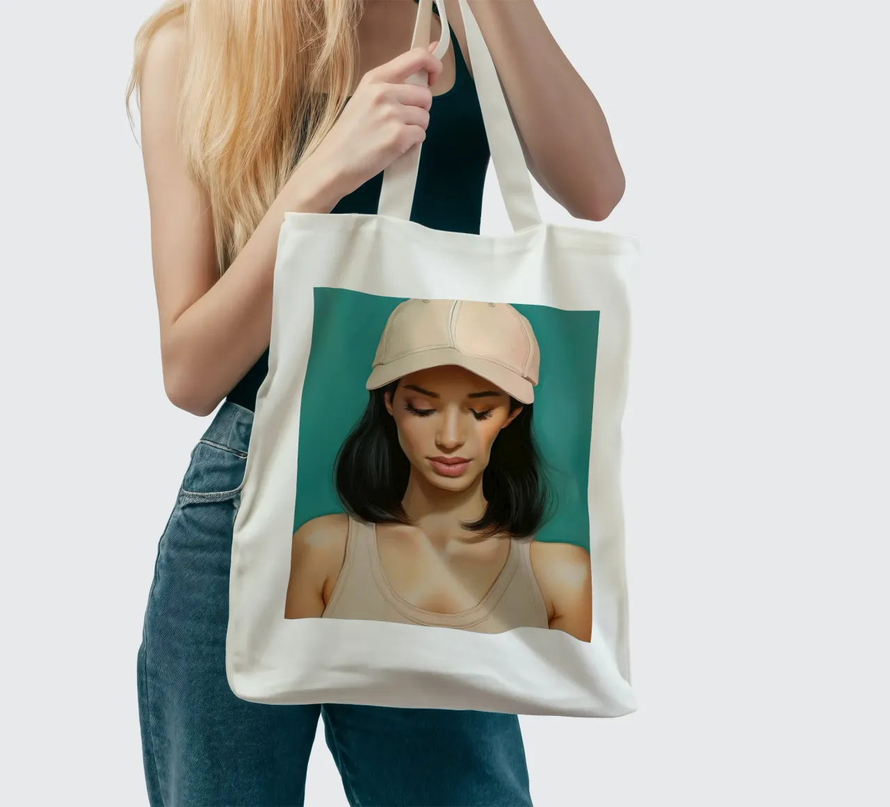 Ritratto di donna moderna con cappellino da baseball in colori tenui borsa in juta da Take Your Art BV