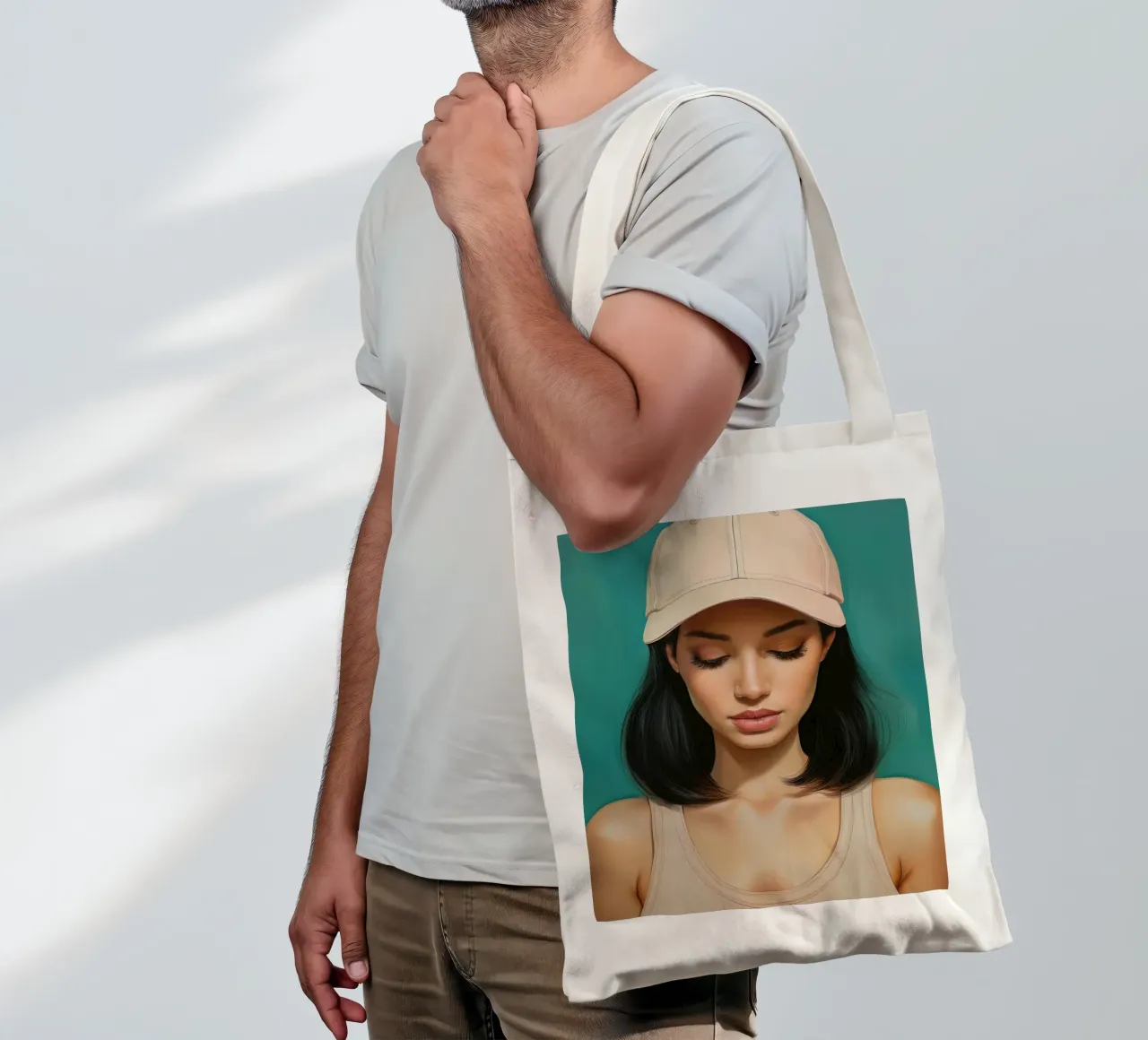 Ritratto di donna moderna con cappellino da baseball in colori tenui borsa in juta da Take Your Art BV
