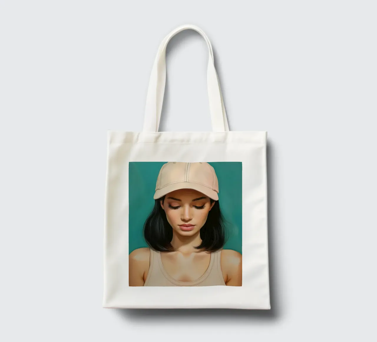 Ritratto di donna moderna con cappellino da baseball in colori tenui borsa in juta da Take Your Art BV