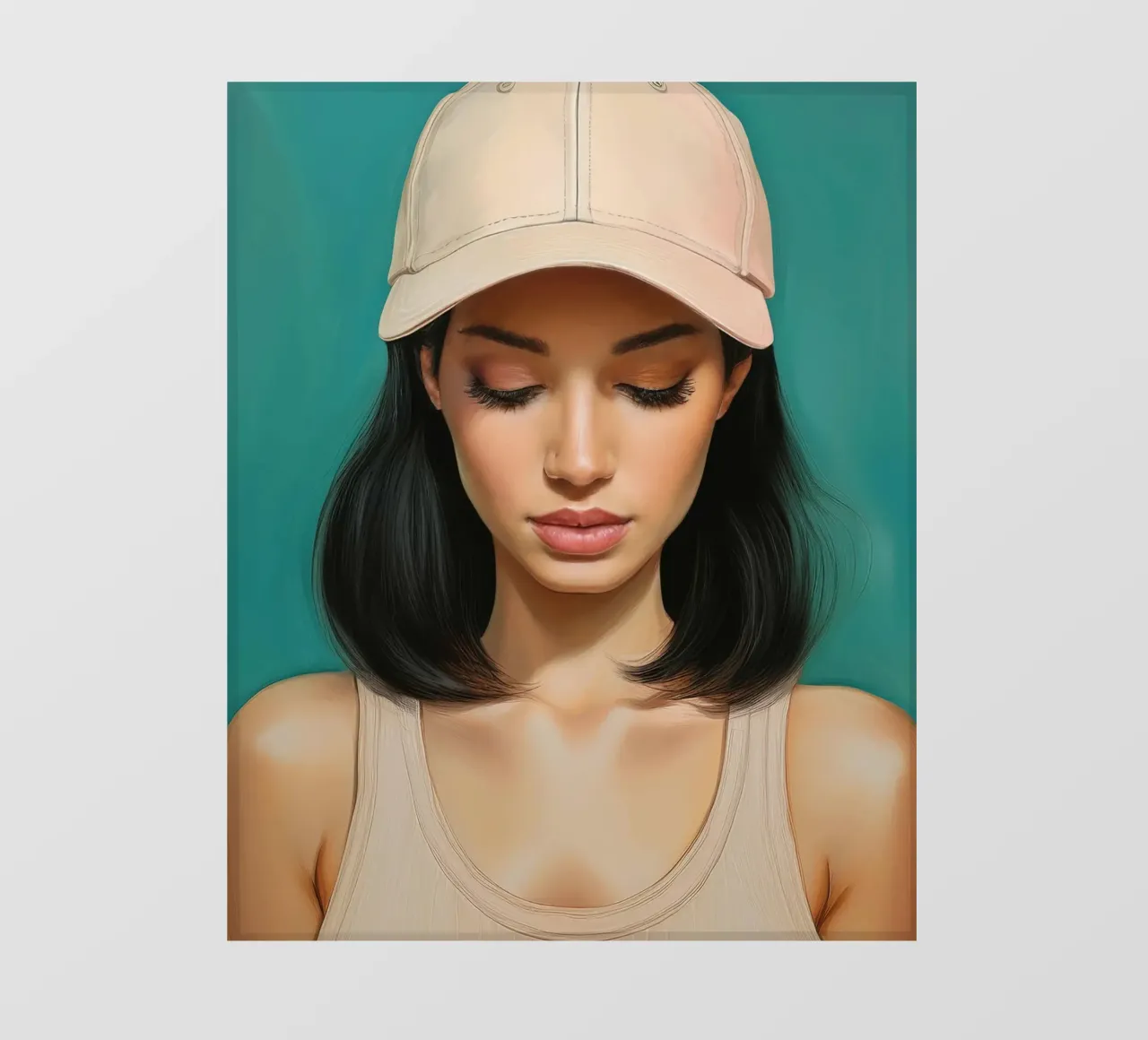 Ritratto di donna moderna con cappellino da baseball in colori tenui telo in pvc da Take Your Art BV