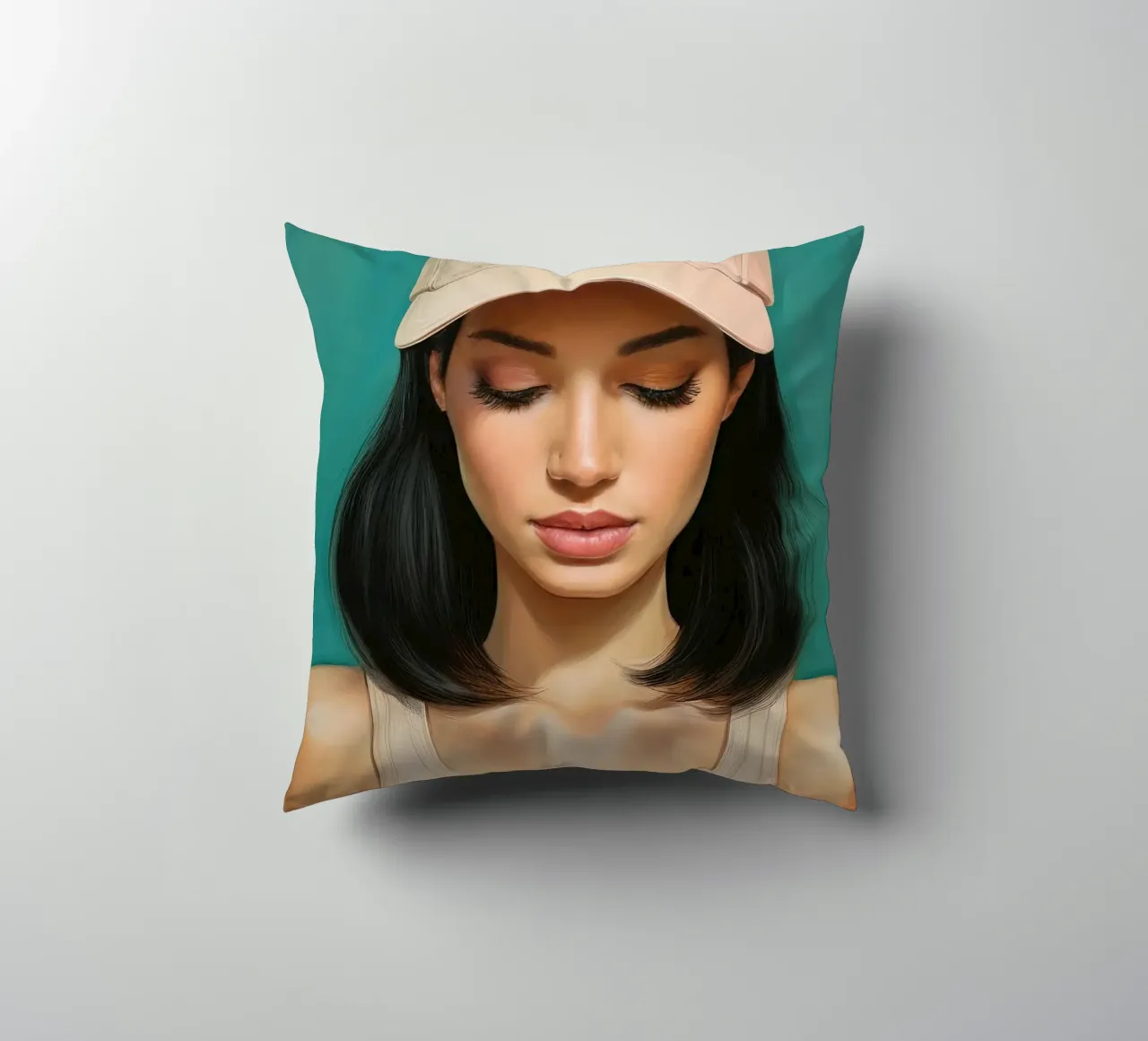 Ritratto di donna moderna con cappellino da baseball in colori tenui cuscino da Take Your Art BV
