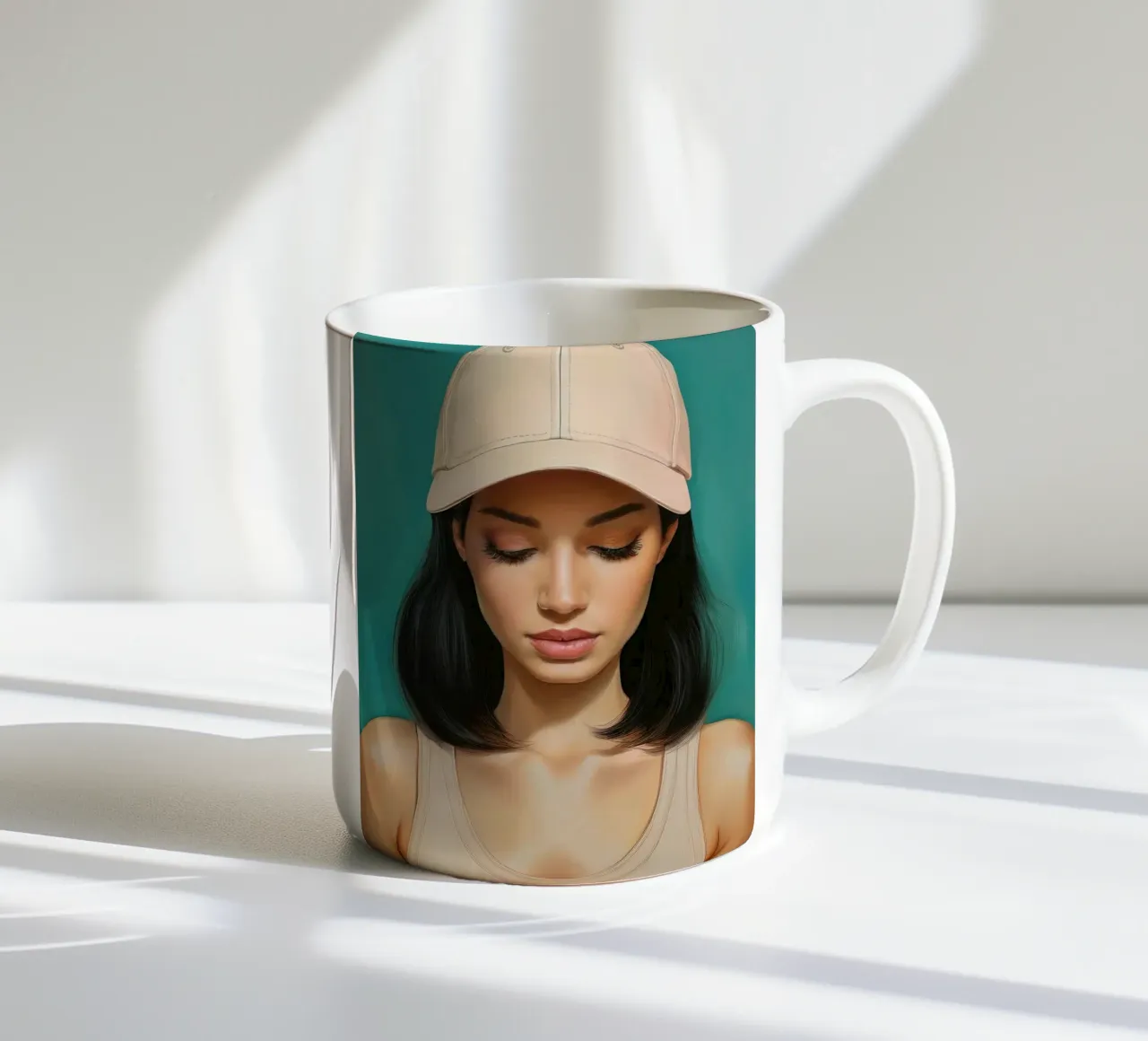 Ritratto di donna moderna con cappellino da baseball in colori tenui tazza in ceramica da Take Your Art BV