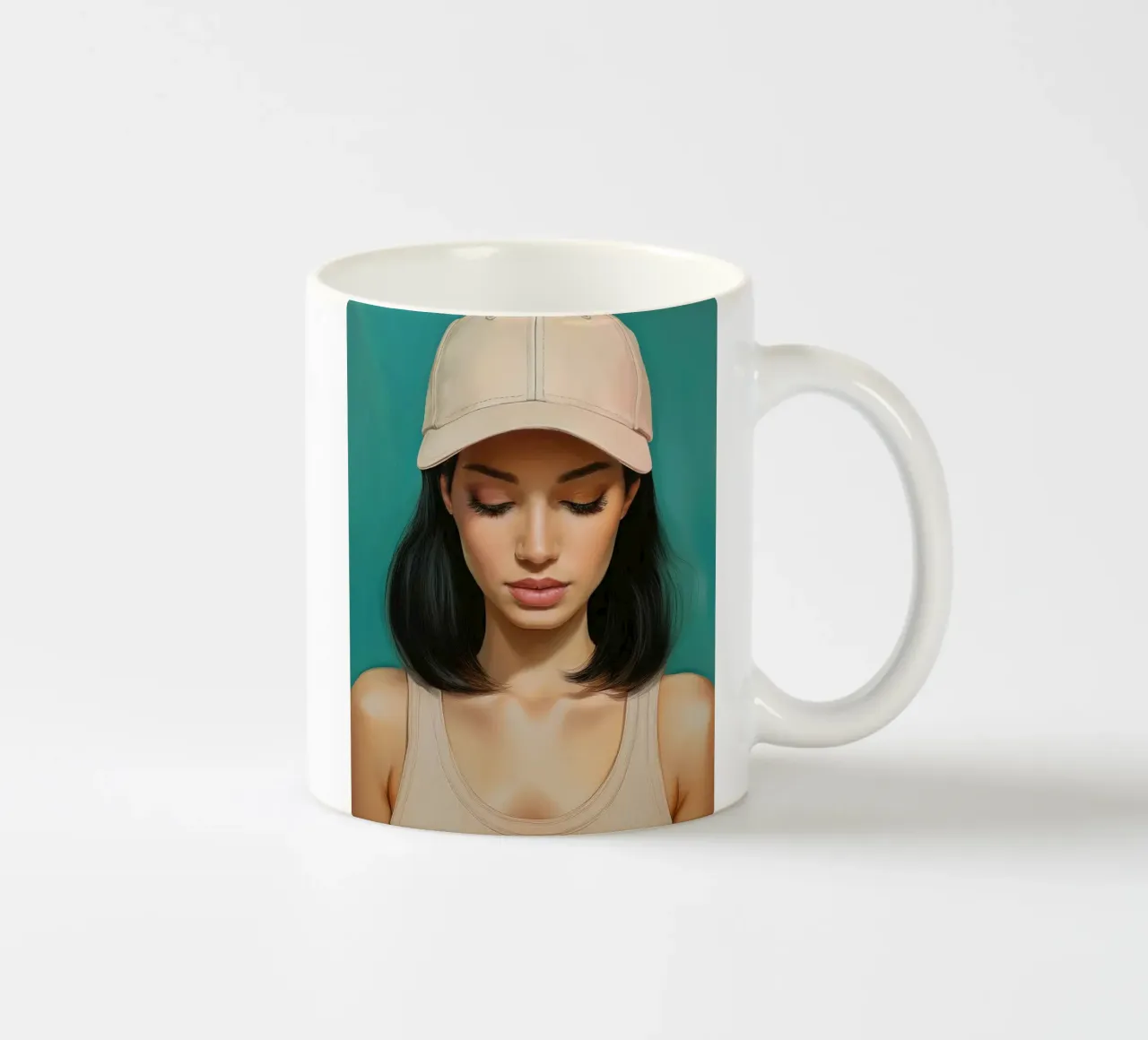 Ritratto di donna moderna con cappellino da baseball in colori tenui tazza in ceramica da Take Your Art BV