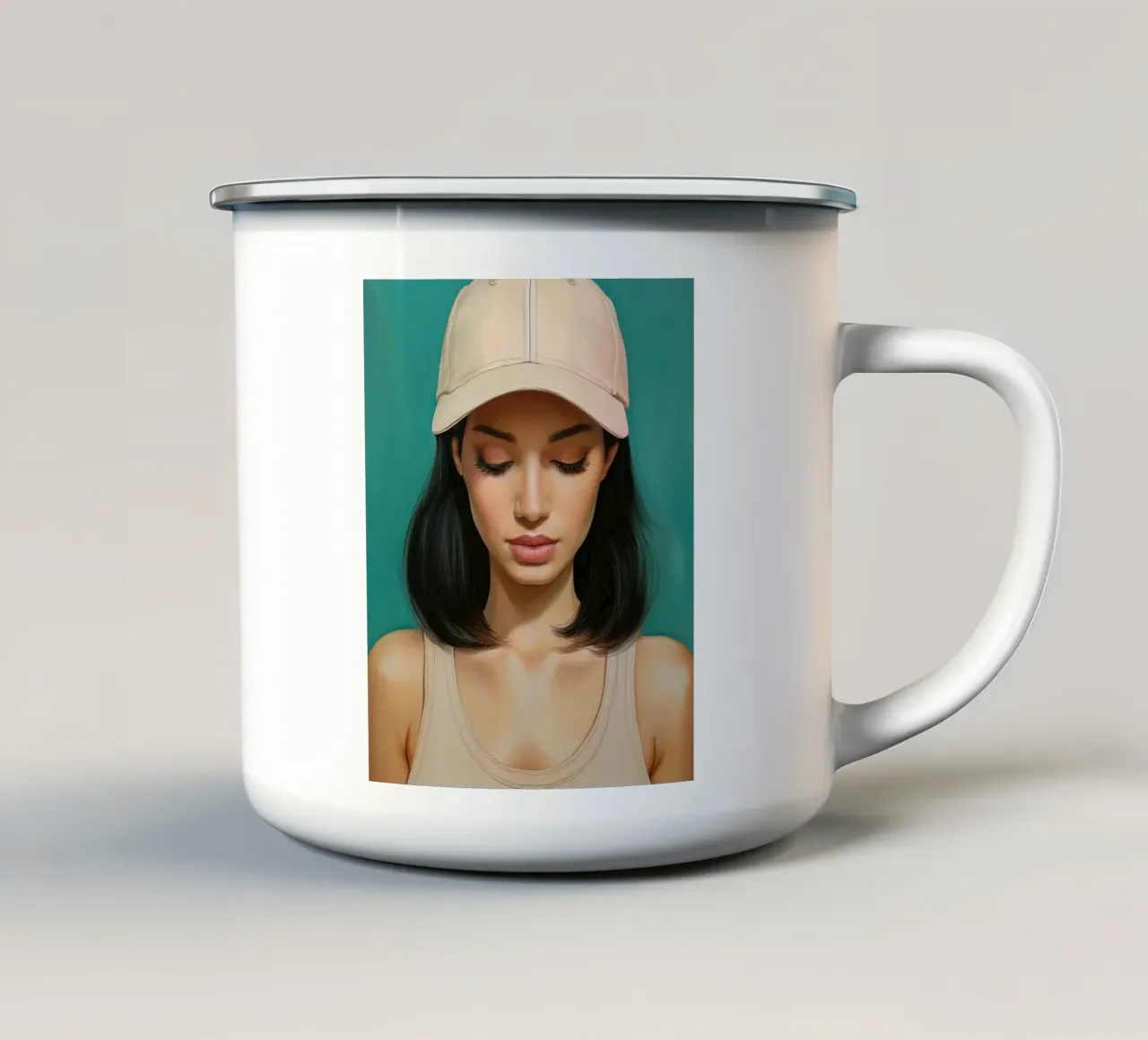 Ritratto di donna moderna con cappellino da baseball in colori tenui tazza in smalto da Take Your Art BV