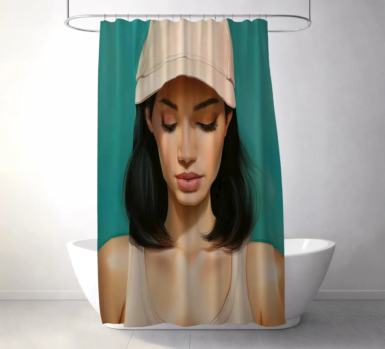 Ritratto di donna moderna con cappellino da baseball in colori tenui tenda da doccia da Take Your Art BV