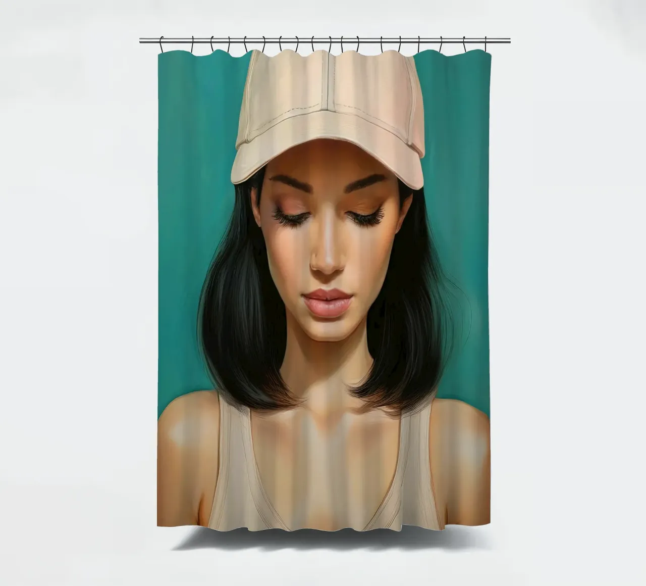 Ritratto di donna moderna con cappellino da baseball in colori tenui tenda da doccia da Take Your Art BV