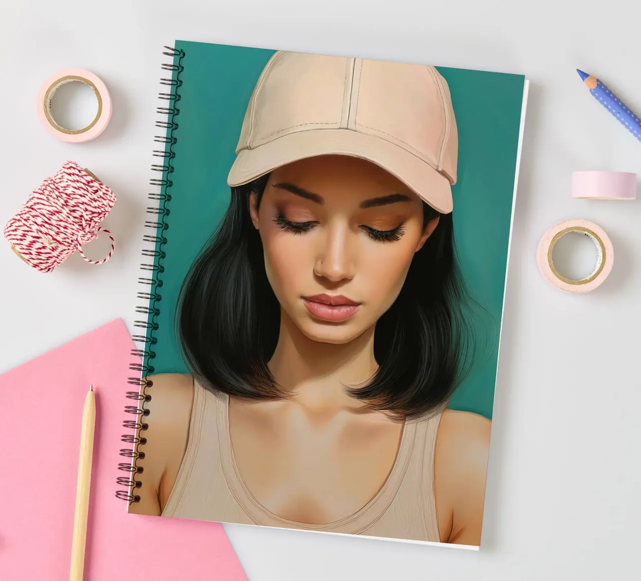 Portrait modern Woman with baseball cap in soft colors spiral notebook by Take Your Art BV