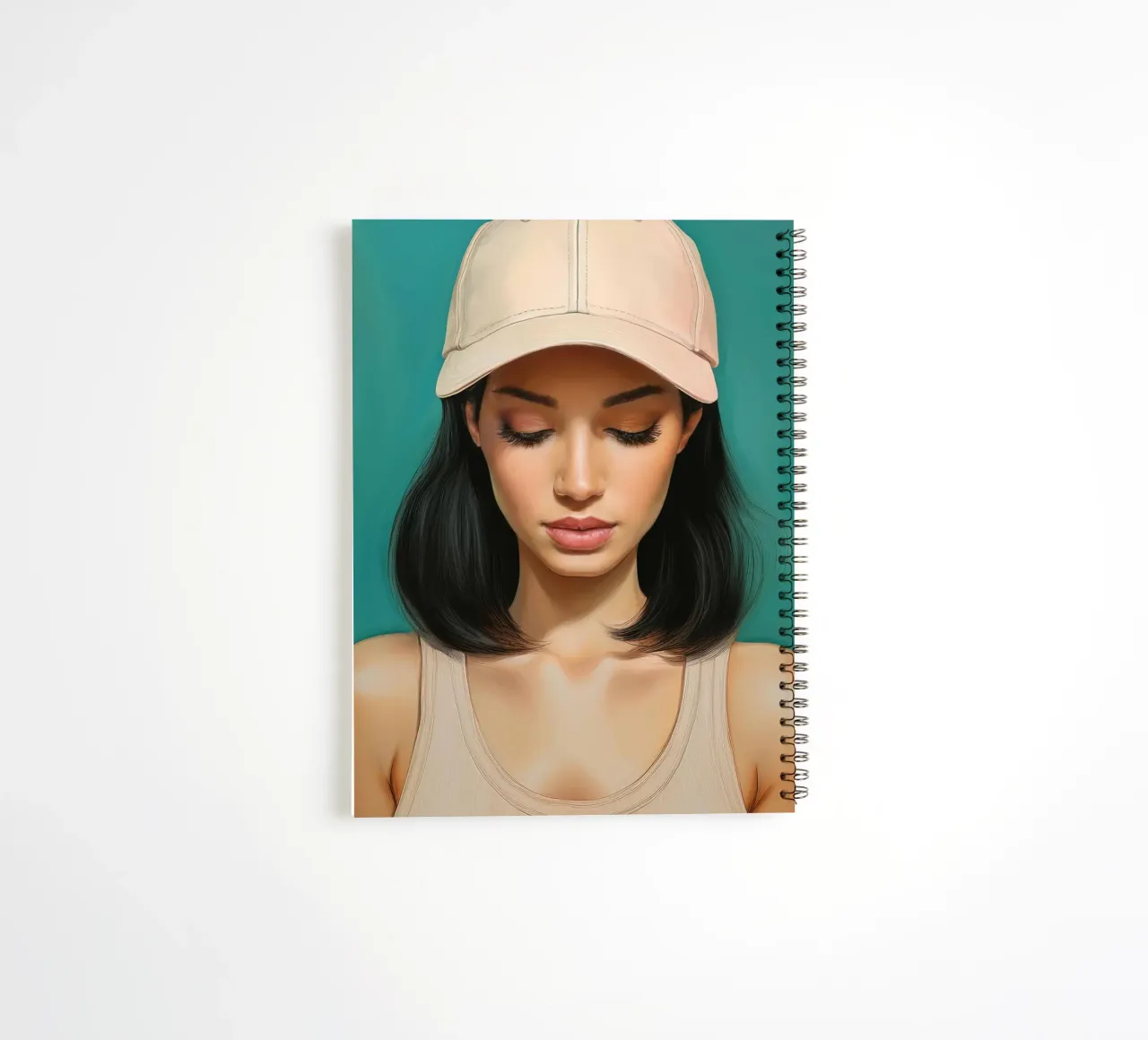 Portrait modern Woman with baseball cap in soft colors spiral notebook by Take Your Art BV