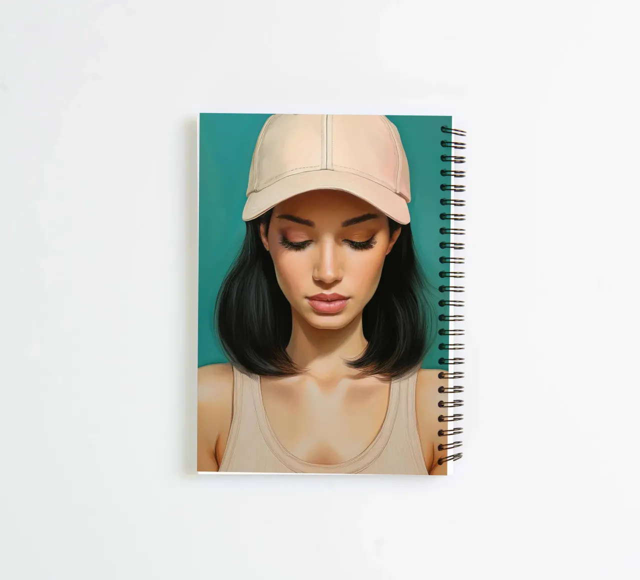 Portrait modern Woman with baseball cap in soft colors spiral notebook by Take Your Art BV