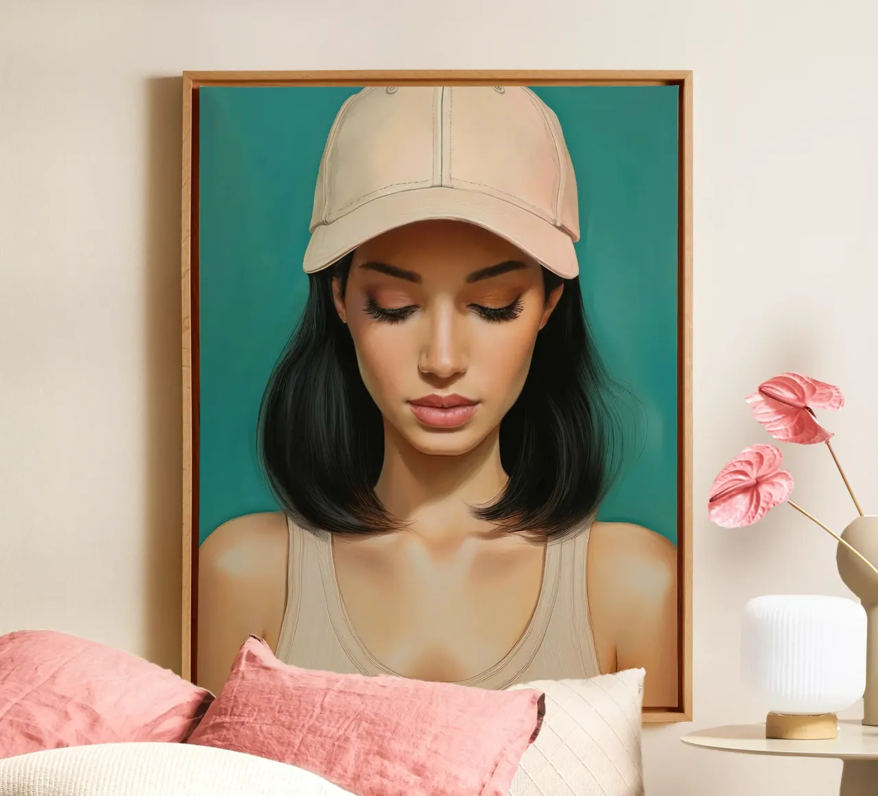 Portret moderne Vrouw met honkbalpet in zachte kleuren canvas van Take Your Art BV