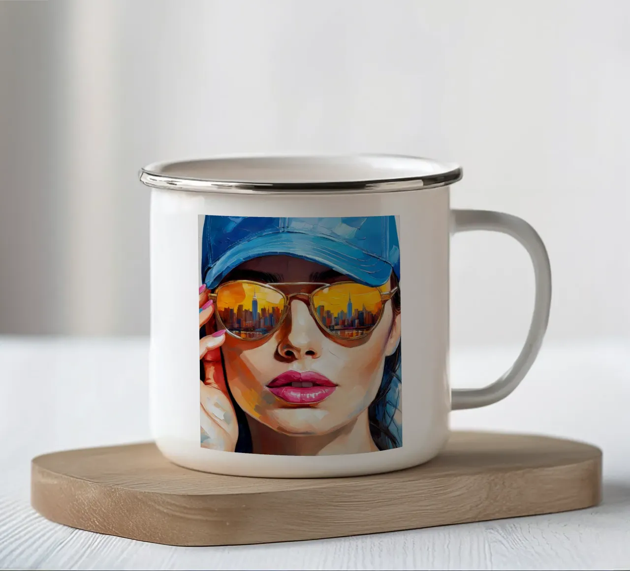 Ritratto Donna con occhiali da sole silhouette NYC tazza in smalto da Take Your Art BV