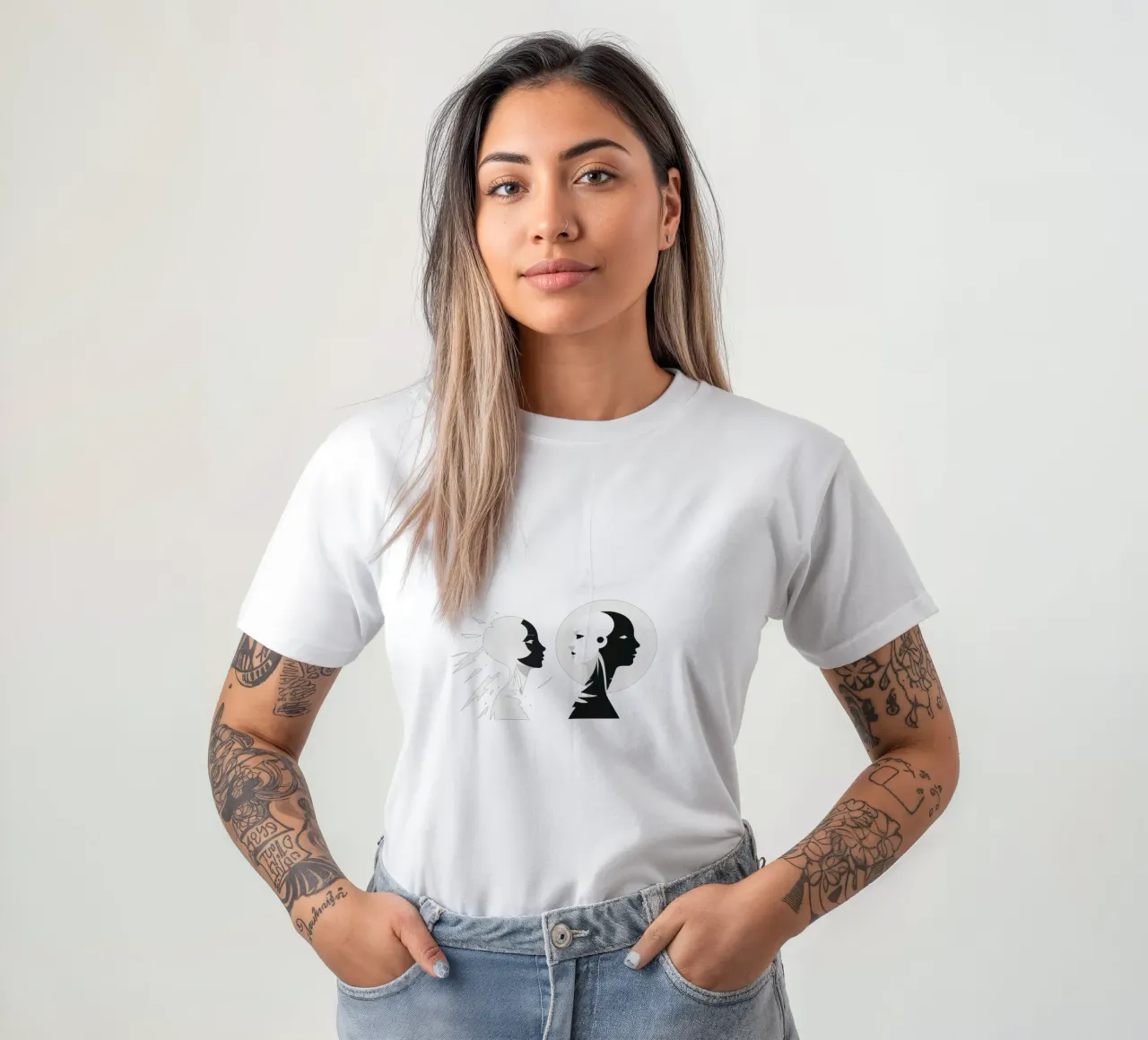 Un design moderno che mostra un contrasto stilizzato tra l'essere umano e il t-shirt da DesignDoodle
