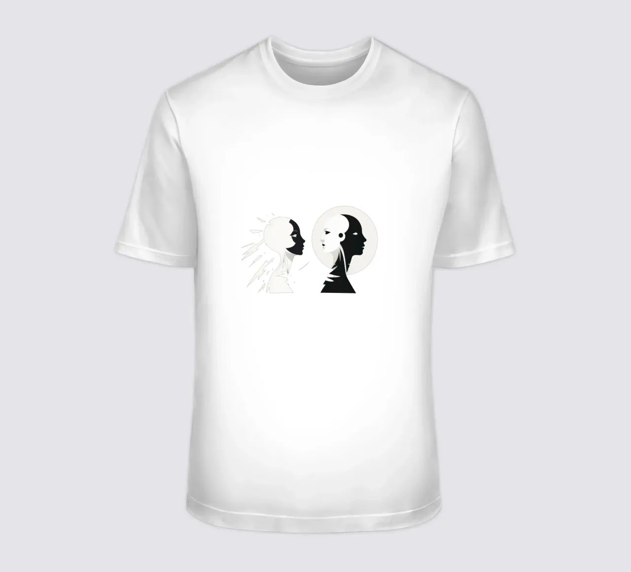 Un design moderno che mostra un contrasto stilizzato tra l'essere umano e il t-shirt da DesignDoodle