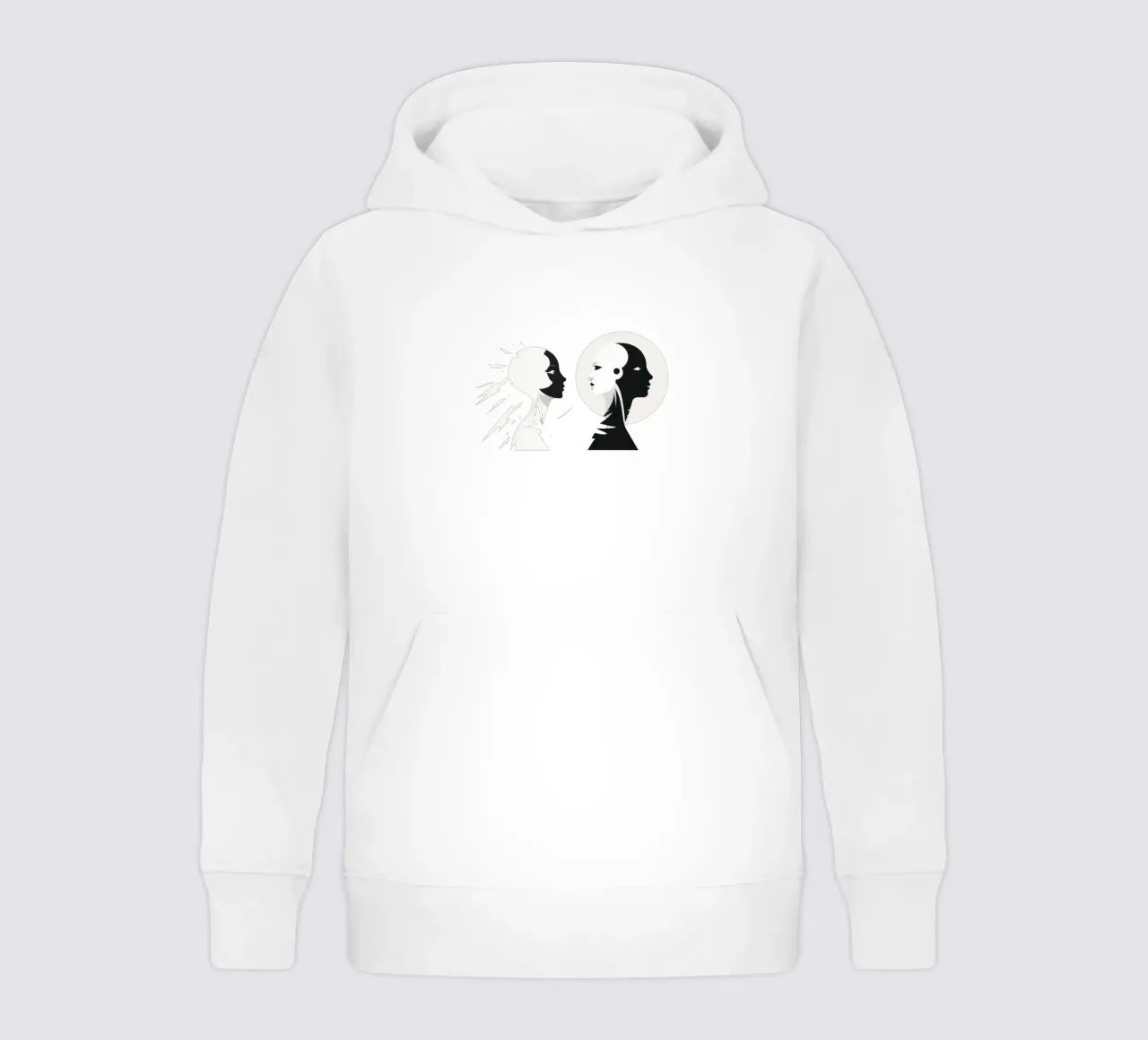 Un design moderno che mostra un contrasto stilizzato tra l'essere umano e il felpa bambino con cappuccio da DesignDoodle