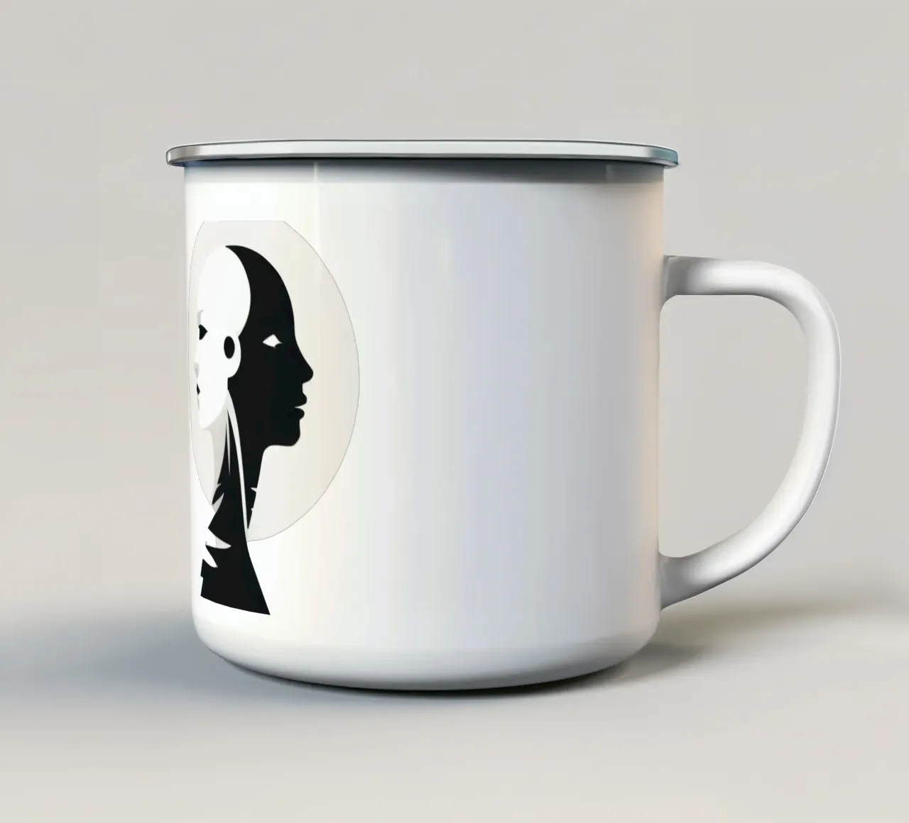 Un design moderno che mostra un contrasto stilizzato tra l'essere umano e il tazza in smalto da DesignDoodle