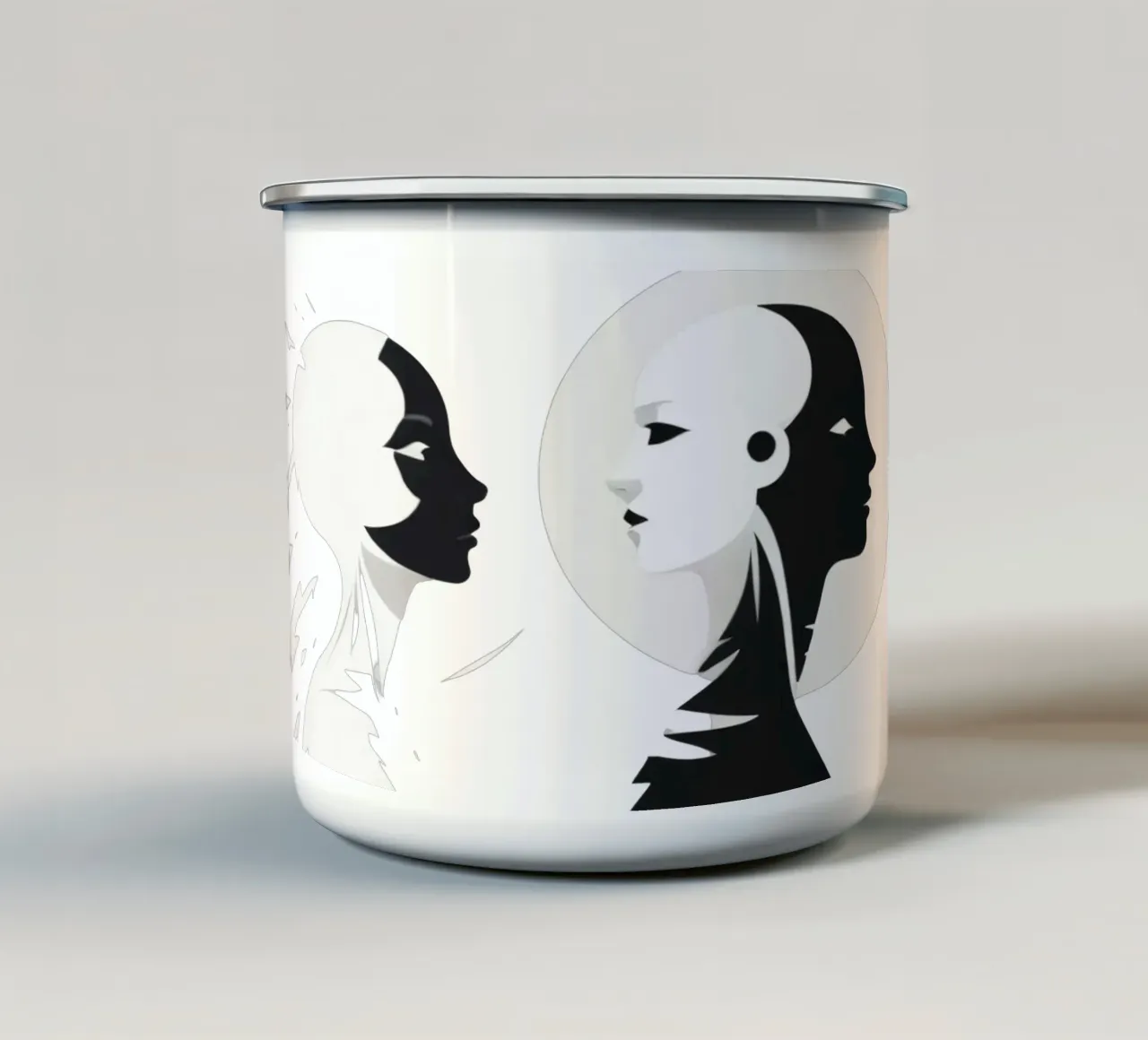 Un design moderno che mostra un contrasto stilizzato tra l'essere umano e il tazza in smalto da DesignDoodle