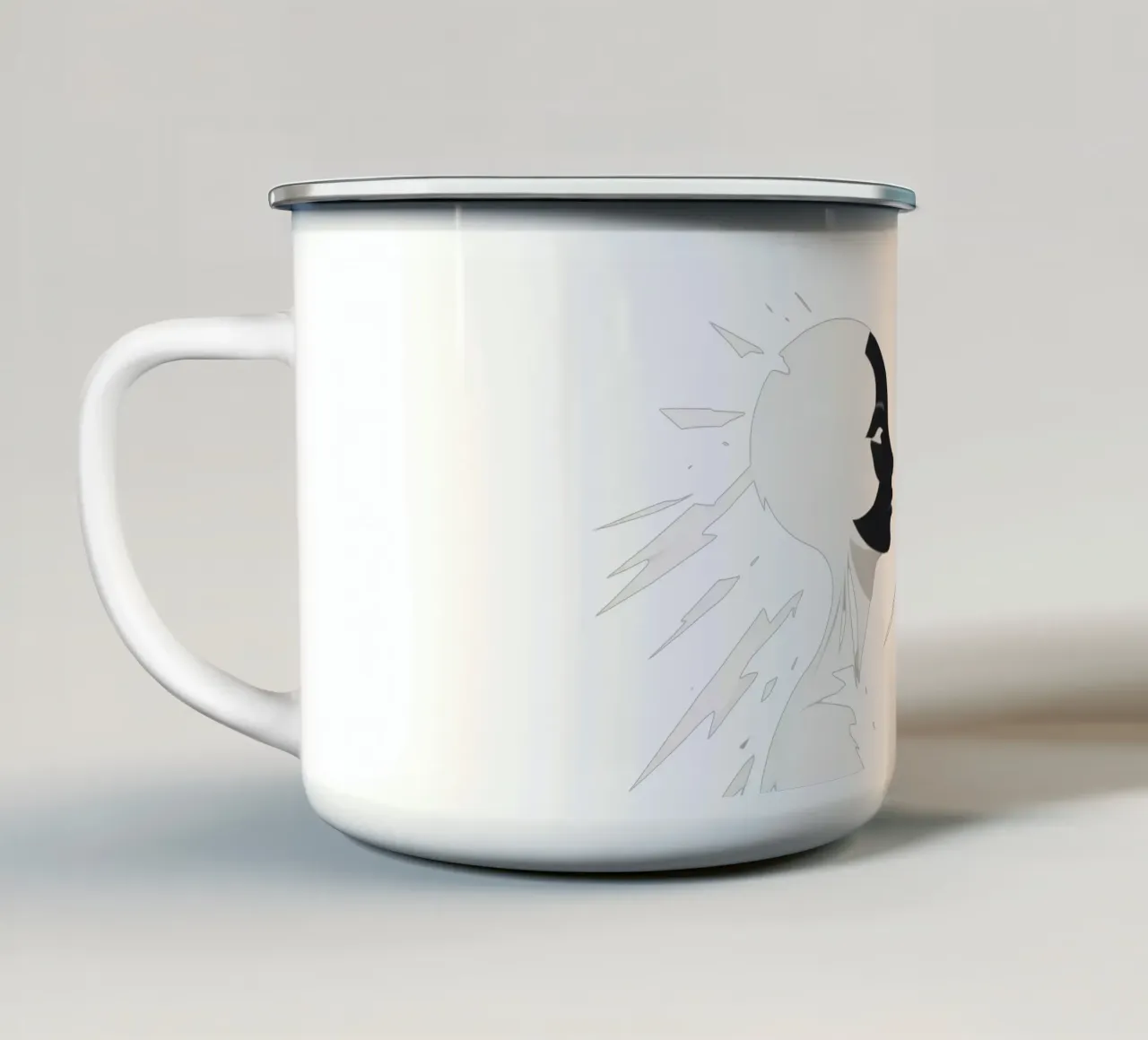 Un design moderno che mostra un contrasto stilizzato tra l'essere umano e il tazza in smalto da DesignDoodle