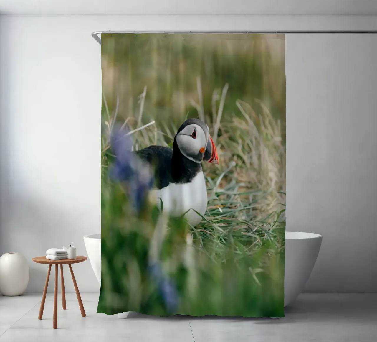 Puffin on a flower meadow shower curtain by susea