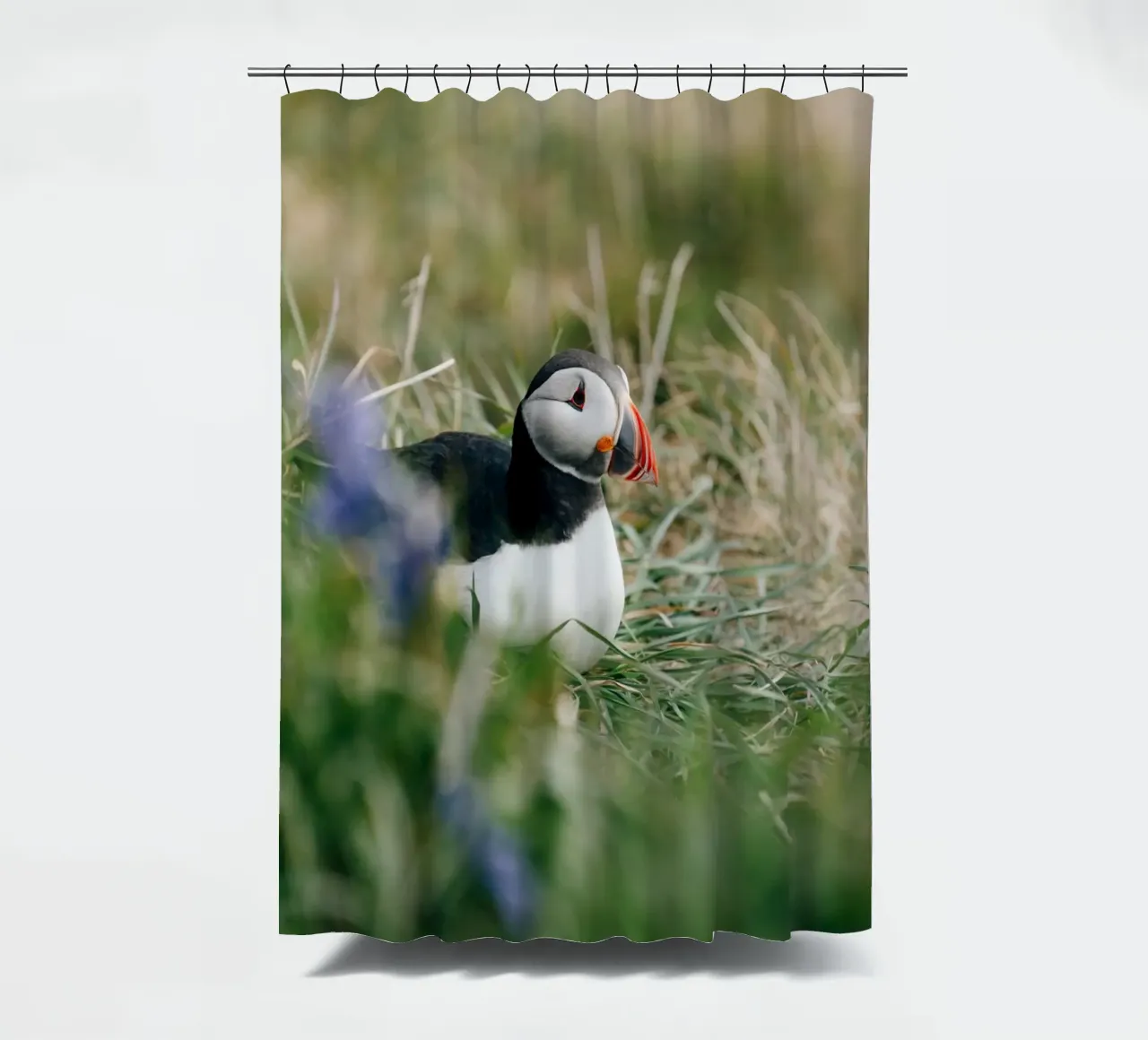 Puffin on a flower meadow shower curtain by susea