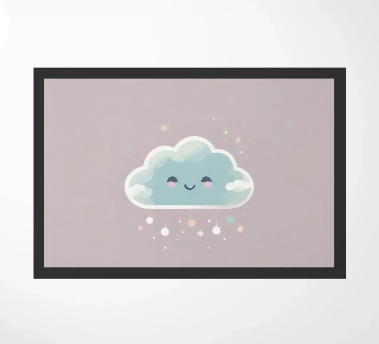 Cute cloud character smiling with colorful raindrops and spa doormat by DesignDoodle
