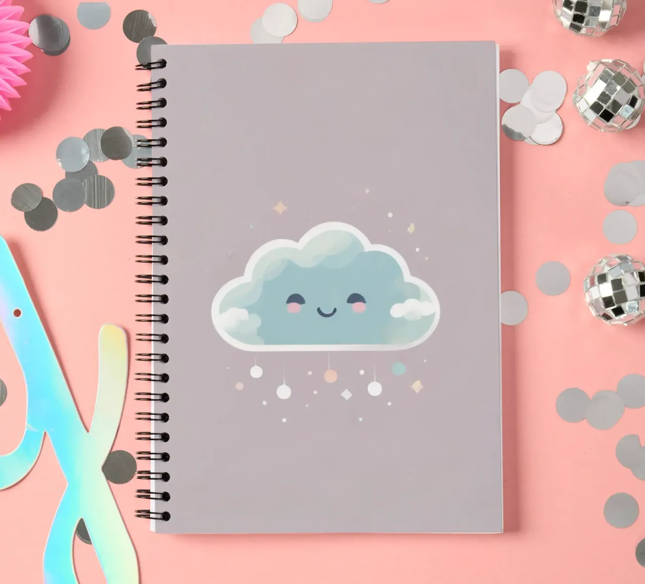Cute cloud character smiling with colorful raindrops and spa spiral notebook by DesignDoodle