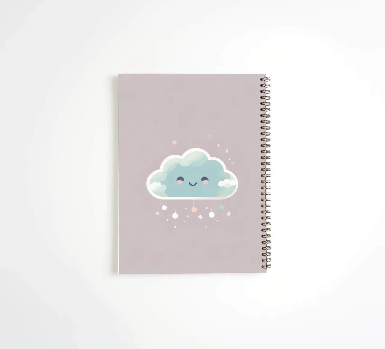 Cute cloud character smiling with colorful raindrops and spa spiral notebook by DesignDoodle