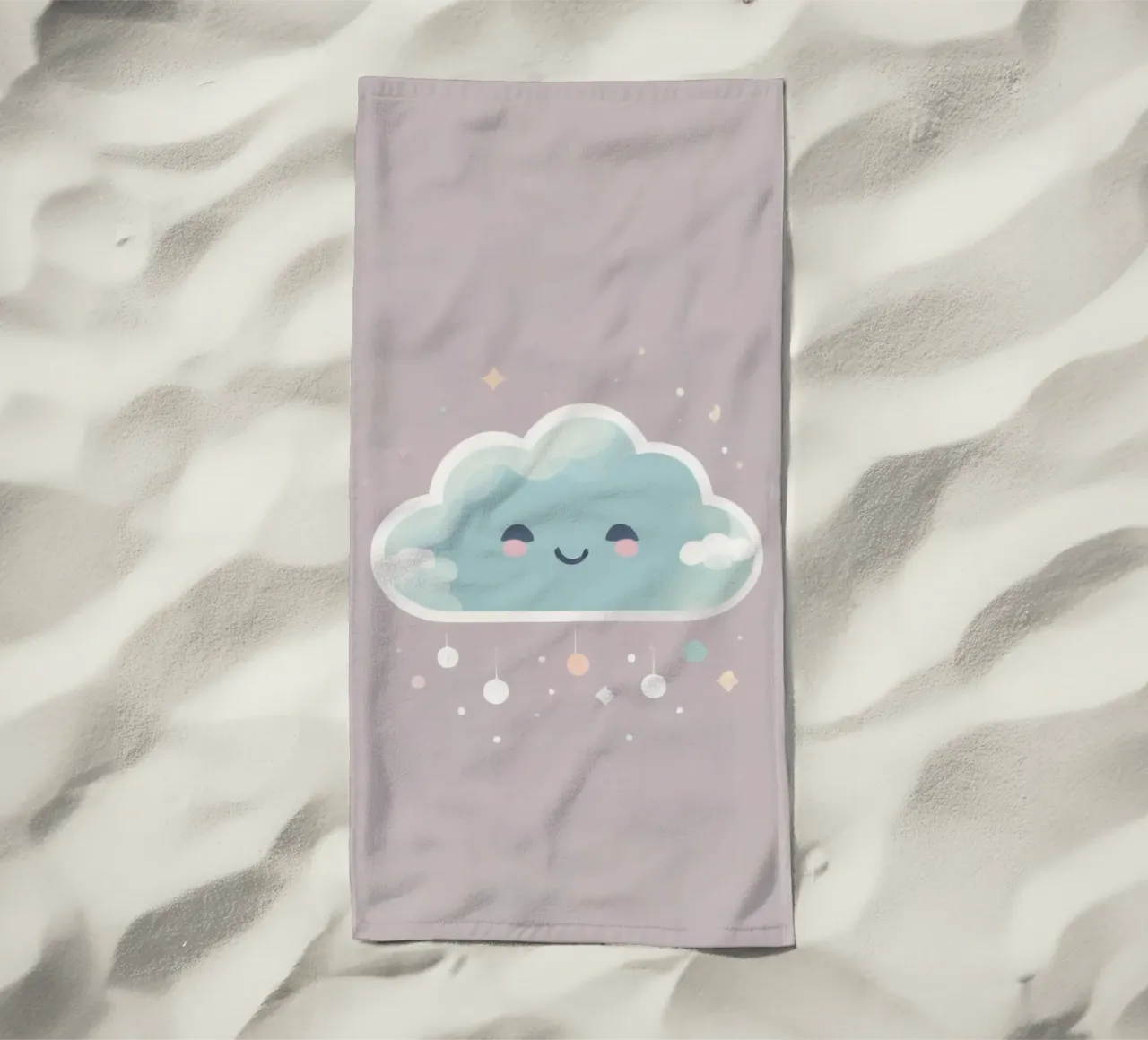 Cute cloud character smiling with colorful raindrops and spa beach towel by DesignDoodle