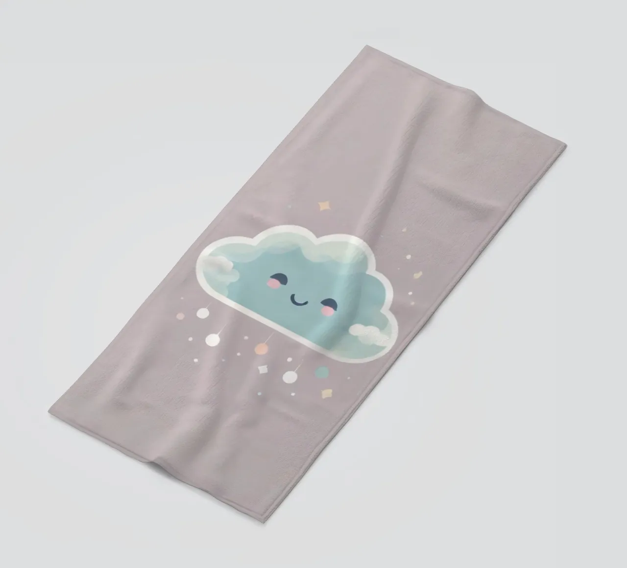 Cute cloud character smiling with colorful raindrops and spa beach towel by DesignDoodle