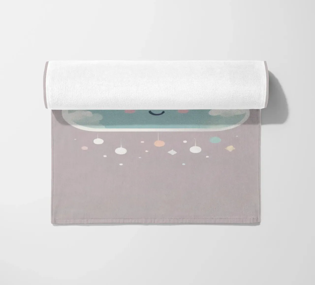 Cute cloud character smiling with colorful raindrops and spa beach towel by DesignDoodle