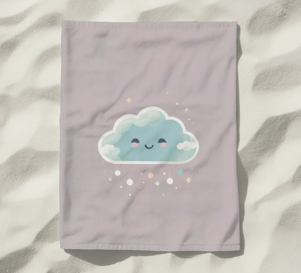 Cute cloud character smiling with colorful raindrops and spa beach towel by DesignDoodle