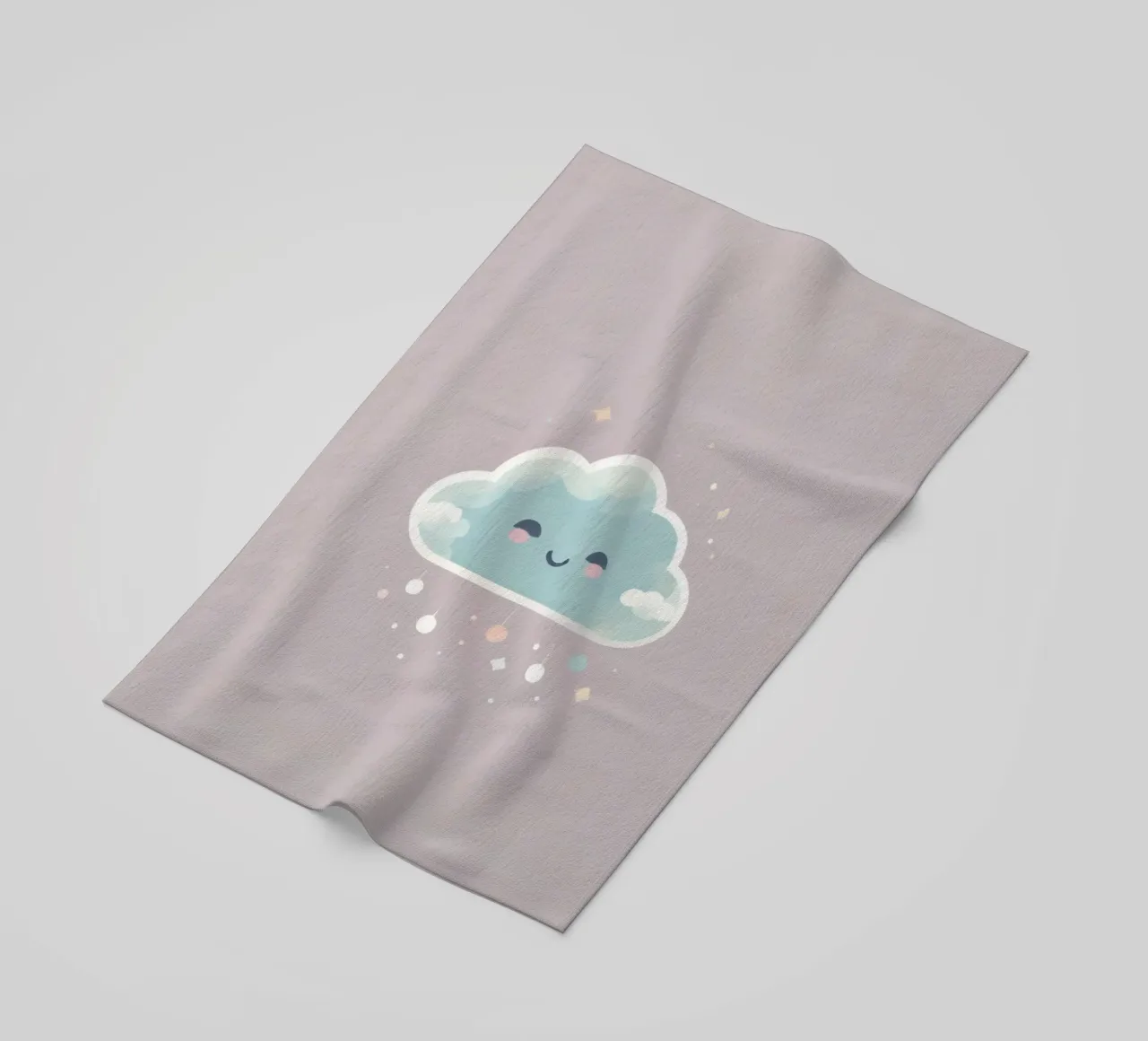 Cute cloud character smiling with colorful raindrops and spa beach towel by DesignDoodle