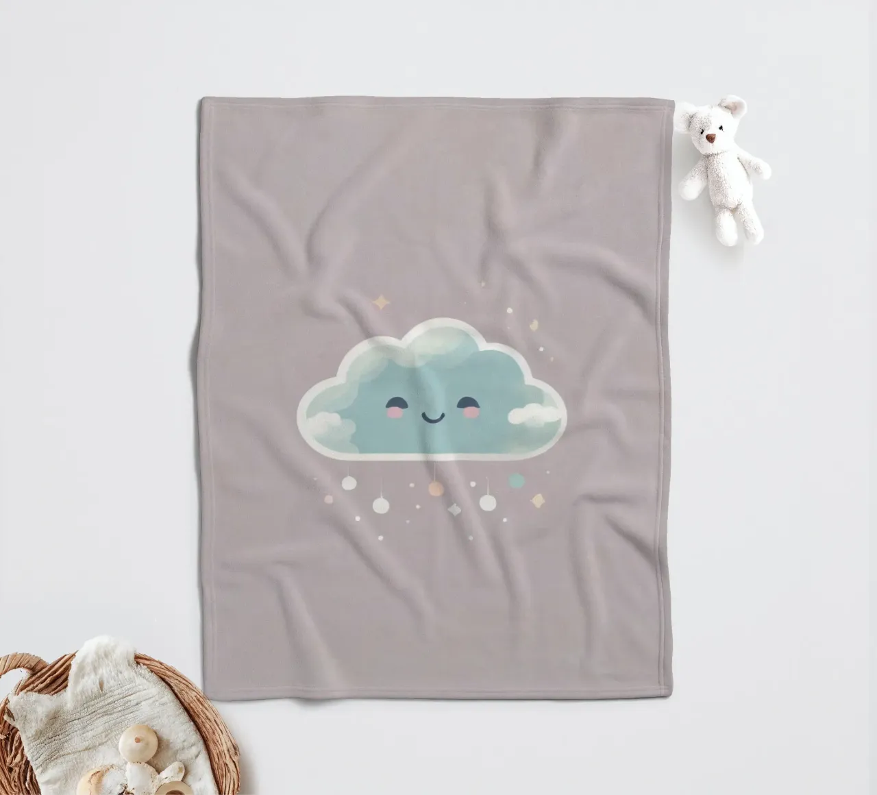 Cute cloud character smiling with colorful raindrops and spa fleece blanket by DesignDoodle