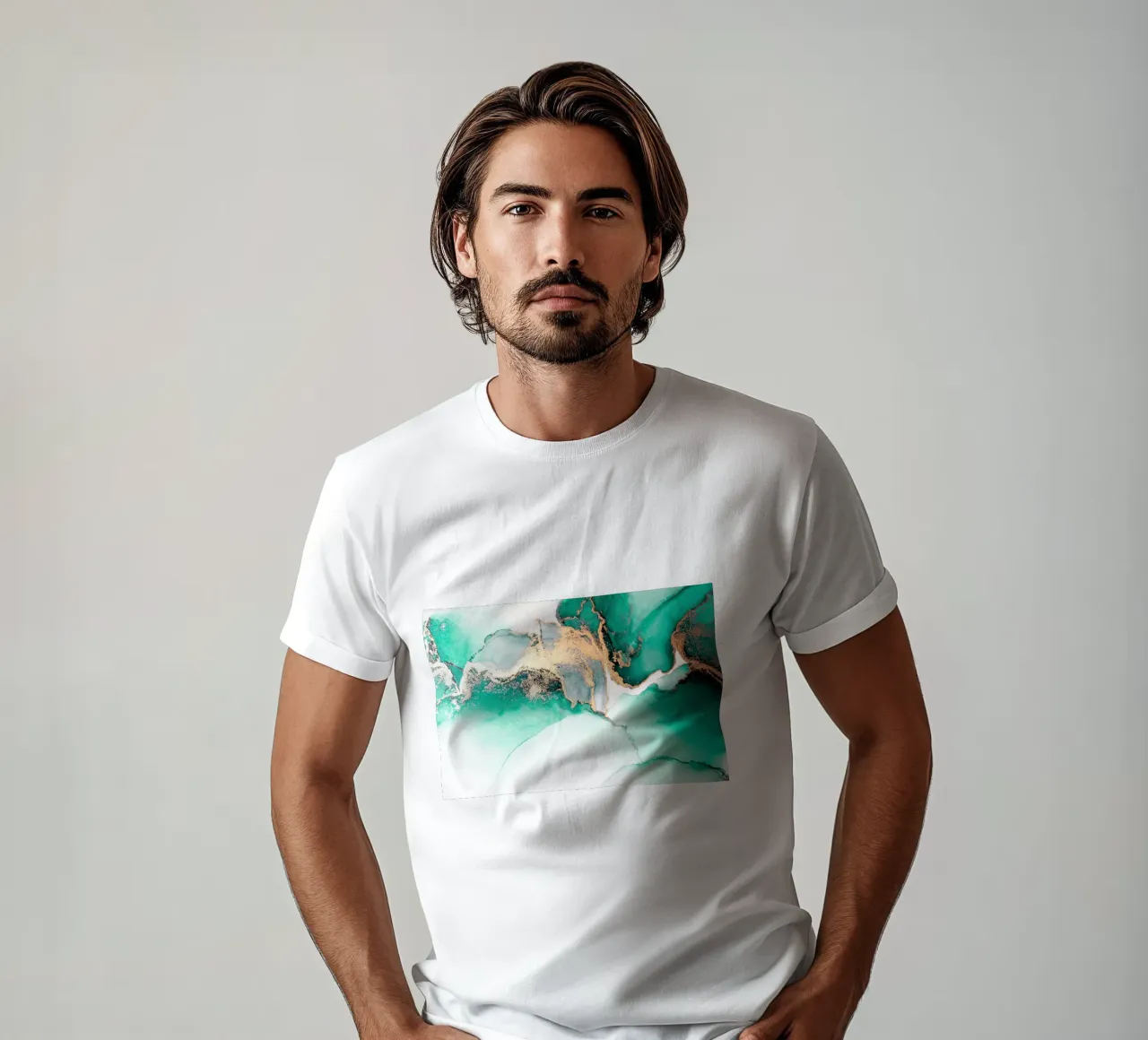 Fond abstrait vert-or de marbre à l'encre liquide peinture t-shirt de 🎁 ARTVI-SHOP