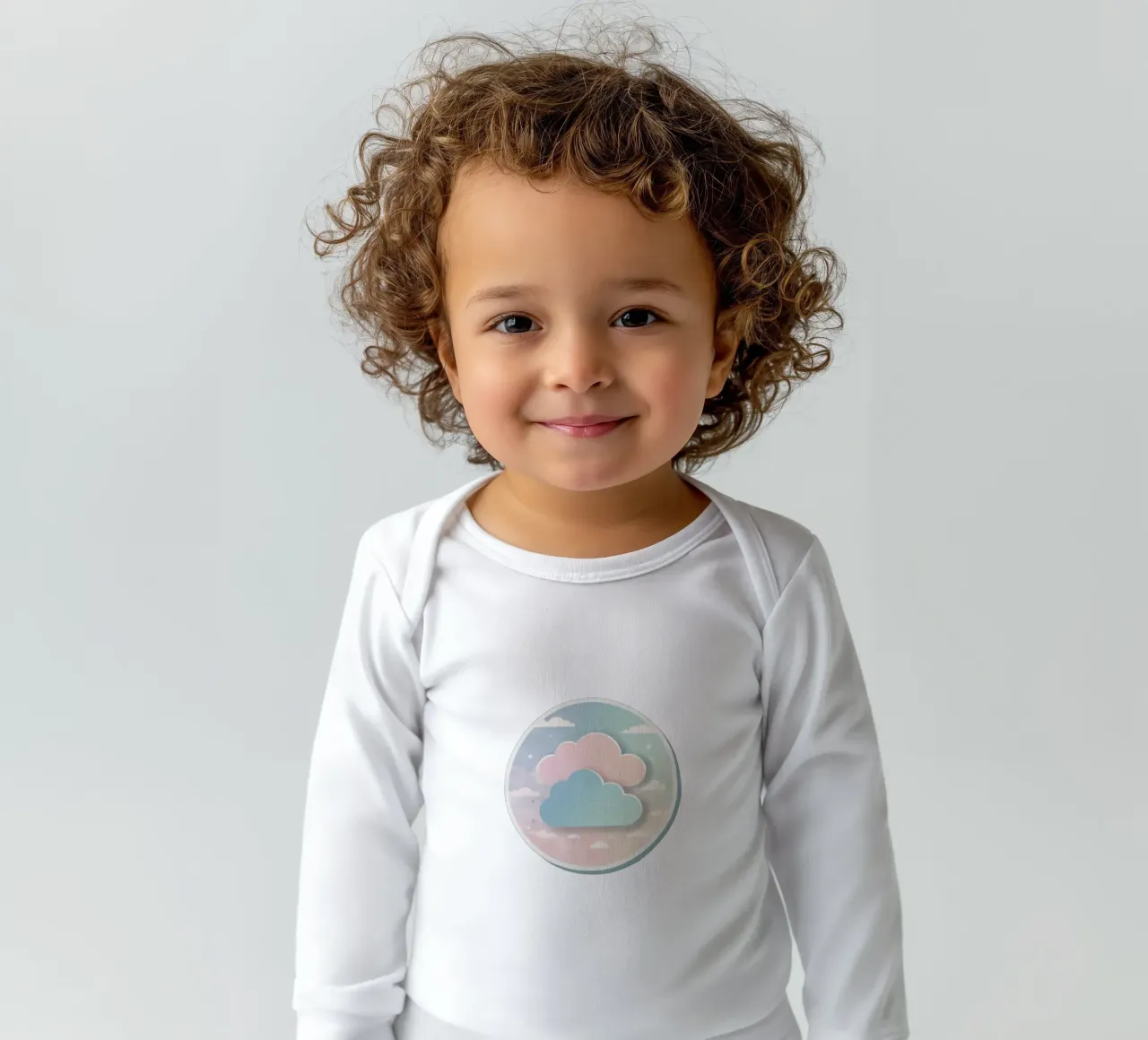 cloud design in circular frame with soft colors and artistic long-sleeve baby romper by DesignDoodle