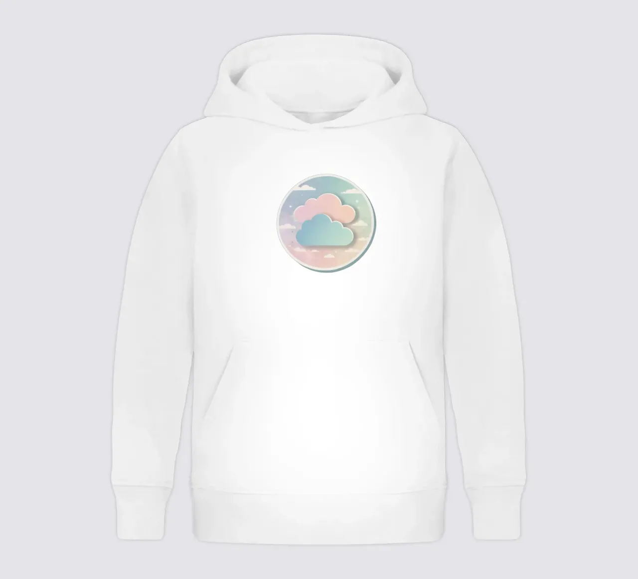 cloud design in circular frame with soft colors and artistic kids hoodie by DesignDoodle