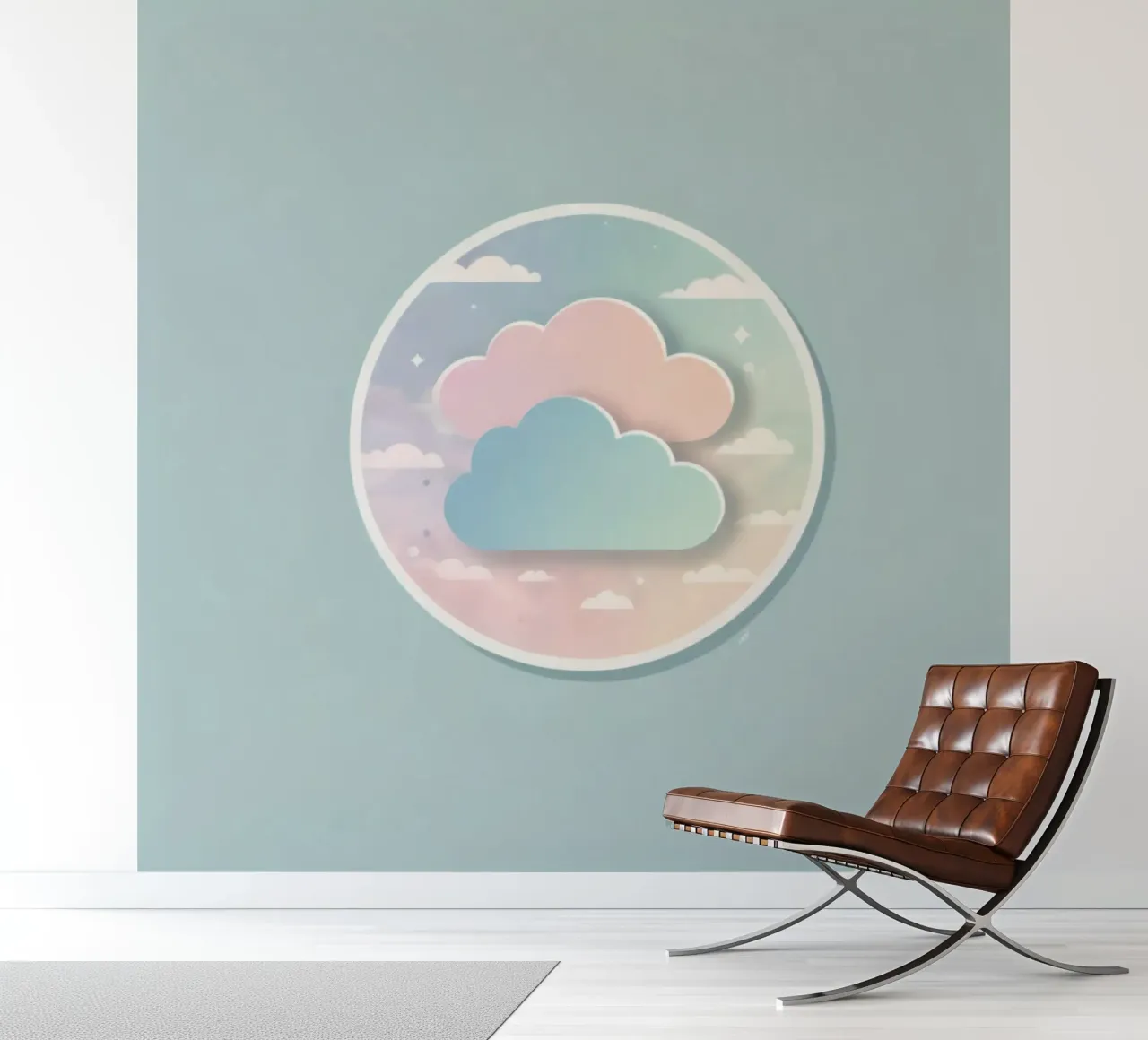 cloud design in circular frame with soft colors and artistic photo wallpaper by DesignDoodle