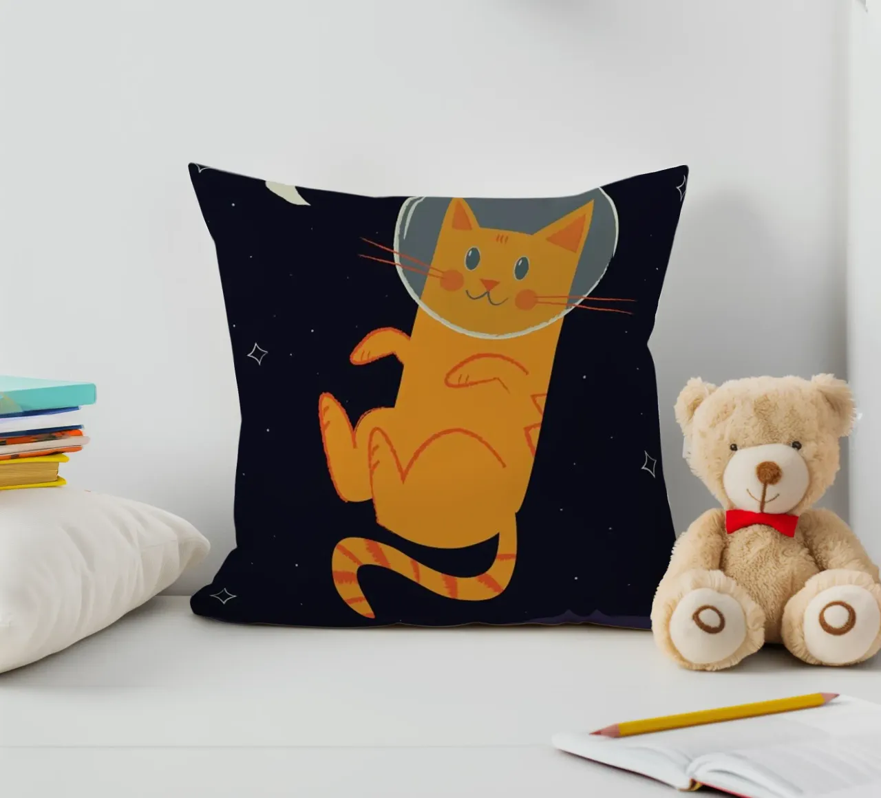 Floating Space Cat decorative cushion by Karin Bijlsma